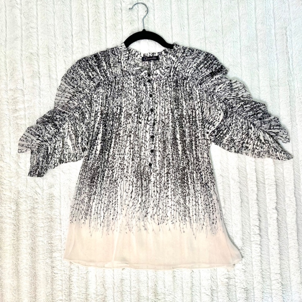 Gianetta Sheer Bishop Collar Blouse Champagne Black Vine Print; Women's S Small